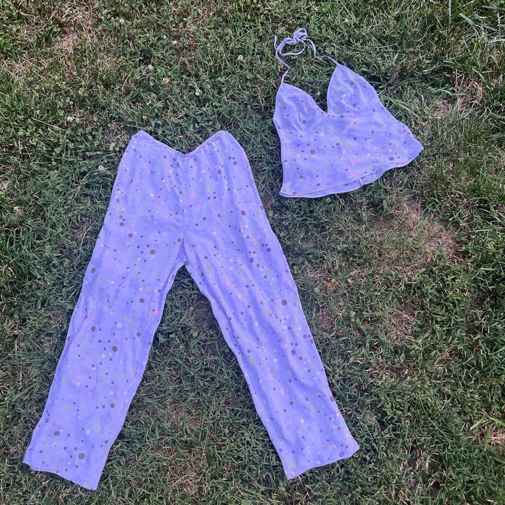 Y2K Victoria Secret purple pajama set with different colored polka dots S/M